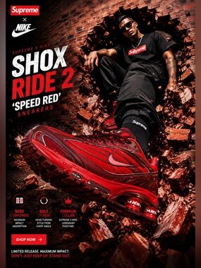 New! 🔥Supreme x Nike Shox Ride 2 'Speed Red' sneakers in a bold crimson colorway